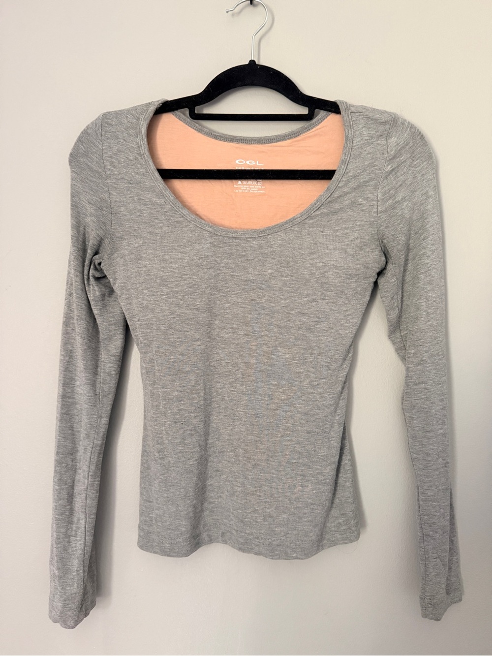 OGL Scoop Neck Long Sleeve Top in Light Gray with Peach Lining